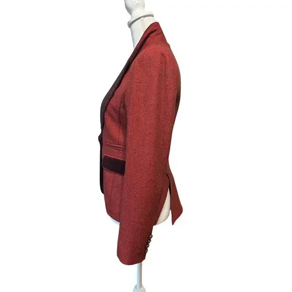 Smythe Duchess Tweed Peaked Lapel Velvet Trim Blazer Jacket Red Burgundy Size 6 - Picture 6 of 9